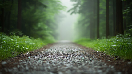 A foggy trail stretches through a dense forest, the mist softening the scene and creating a calm and mysterious ambiance.