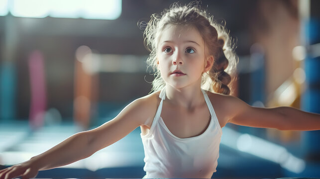 Child Gymnast on Balance Beam: Preparing a young child athlete gymnast on a balance beam.