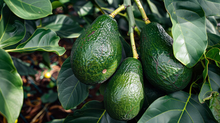 Avocado Tree With Fruit Growing On Branches.