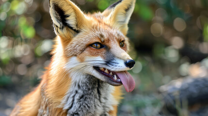 Fototapeta premium Red Fox Portrait With Tongue Out, Close Up, Wildlife Photography