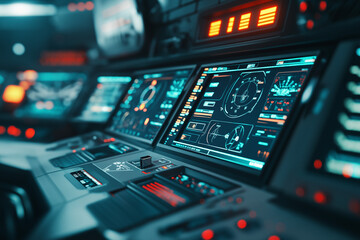 Obraz premium Futuristic control room with high-tech user interface and digital screens.