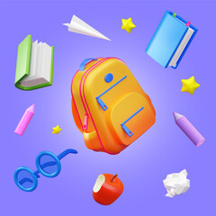 A bright backpack is surrounded by items like books, pencils, glasses, an apple, and paper planes on a vibrant purple background,3d vector illustration