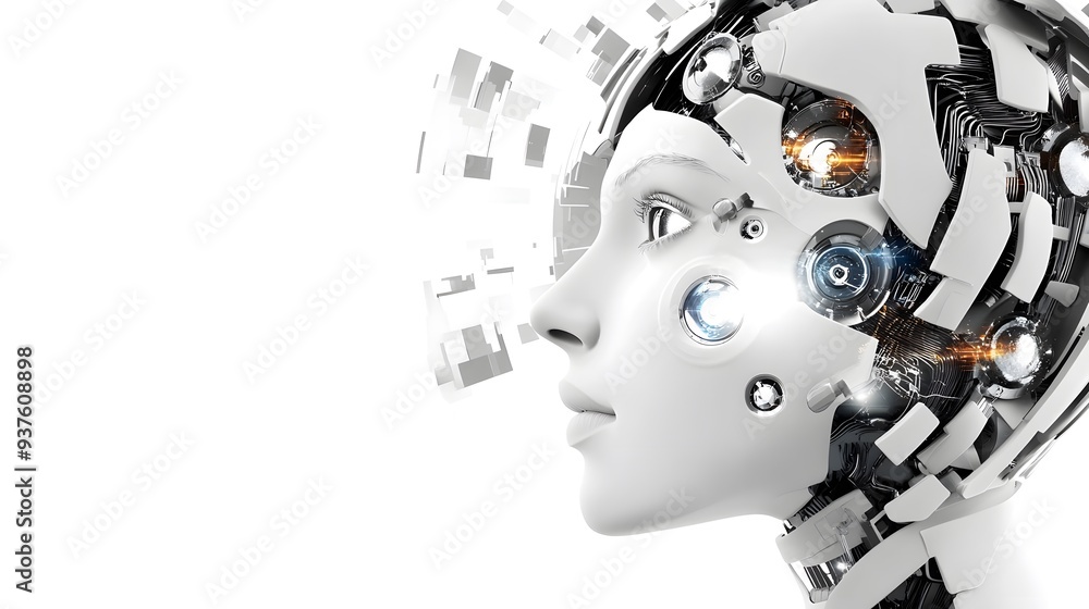 Poster ai robot head with open cranium.