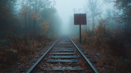 A foggy railway track cuts through an autumn forest, with bare trees and fallen leaves adding to the mysterious and nostalgic atmosphere.