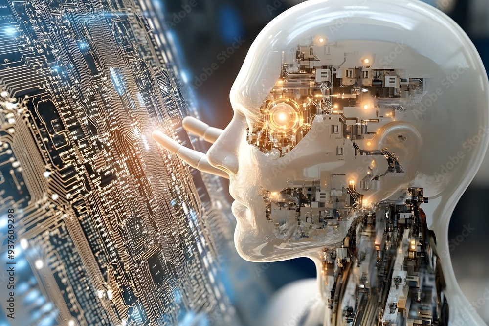 Poster artificial intelligence robot analyzing data.