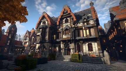 Fototapeta premium Ornate Historic Mansion with Turrets and Brick Facade in Scenic Landscape