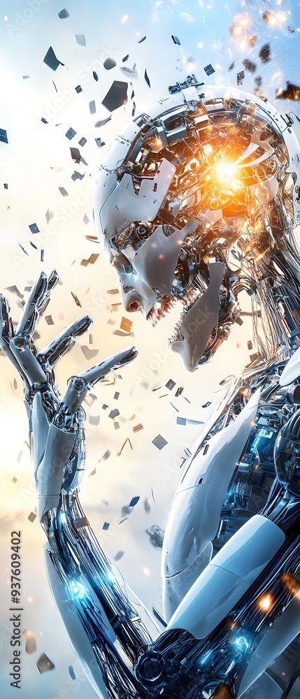 Poster futuristic robot with glowing core.
