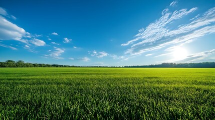 Obraz premium Stunning Early Morning Landscape with Blue Sky Green Grass and Clear Open Space