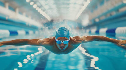 Swimming Race: Professional swimmer participating in a swimming race in an indoor pool.