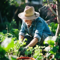 3. Elderly gardener in straw hat, denim shirt attire, tending plants in garden, crouching low among vibrant green leaves, wearing gardening gloves, focused and intent expression, sunlit vegetable