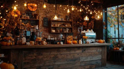 A charming, rustic coffee shop featuring a wooden counter and exposed brick walls. Cozy autumn decor, including pumpkins and string lights, enhances the warm and inviting atmosphere