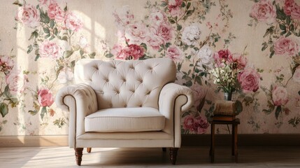 Comfortable armchair near wall with floral wallpaper. Stylish living room interior , ai