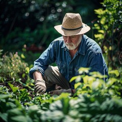 4. Older farmer wearing straw hat, denim shirt, meticulously tending to garden plants, crouching amid green foliage, gardening gloves on hands, concentrated look, vegetable patch bathed in sunlight,