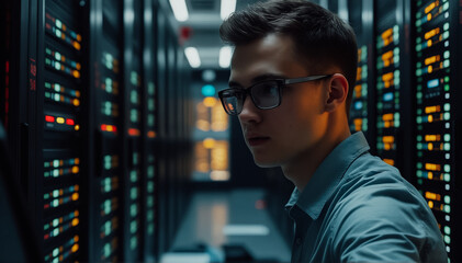 Young male administrator in a data center with rows of servers in a data center with flickering lights during operation. Modern technologies, communication, analysis and data processing for business.