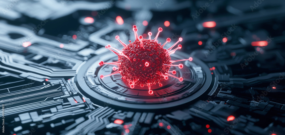 Aufkleber futuristic digital representation of a virus on a circuit board - concept of cybersecurity and digit