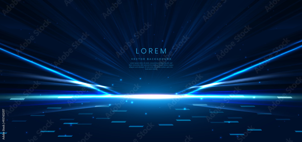 Wall mural abstract scene elegant blue light lines on dark background with lighting effect and sparkle.