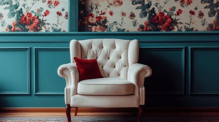 Comfortable armchair near wall with floral wallpaper. Stylish living room interior , ai