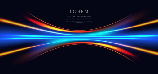 Abstract futuristic glowing neon multi color lines. Hi speed motion moving concept on dark blue background.