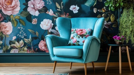 Comfortable armchair near wall with floral wallpaper. Stylish living room interior , ai