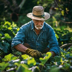 5. Senior gardener in straw hat, clad in denim shirt, carefully tending to plants, crouching within green leaves, gloves on hands, focused demeanor, vegetable patch glowing in sunlight, tranquil