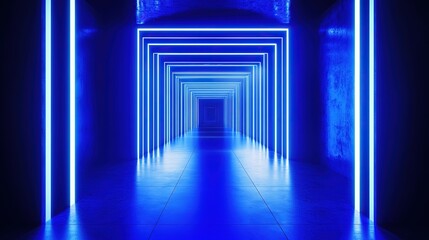 Fototapeta premium Blue neon triangle tunnel illuminated, creating a futuristic atmosphere in a dark environment