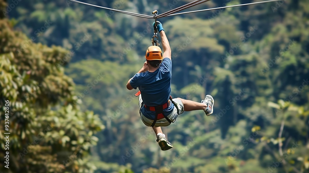 Canvas Prints A person zip-lining through a lush green forest, enjoying an adventurous outdoor activity.