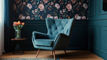 Comfortable armchair near wall with floral wallpaper. Stylish living room interior , ai