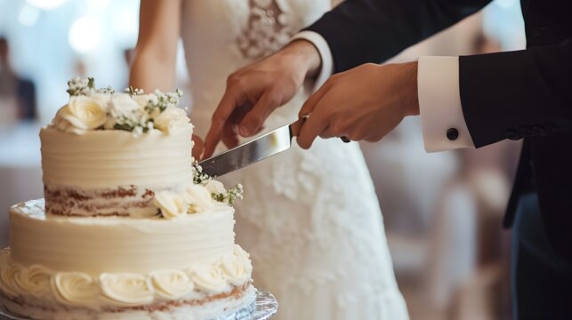 Newlywed couple cutting the delicious wedding cake together in a joyous of their marriage and new beginning The elegant cake stands as a symbol of their commitment and unity on this special occasion