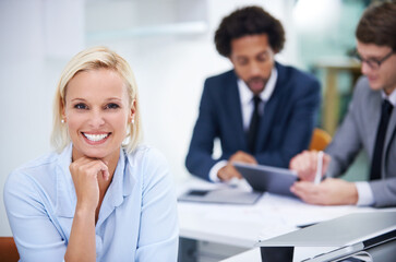 Fototapeta premium Portrait, meeting or happy businesswoman with smile and legal team for court case, aid or justice. Project, coworking or proud lawyer in office with attorney and confidence at law firm by colleagues