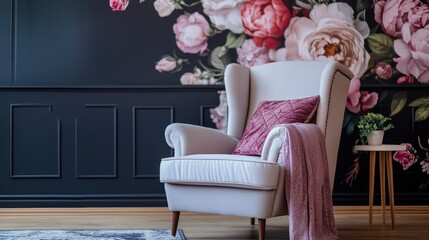 Comfortable armchair near wall with floral wallpaper. Stylish living room interior , ai