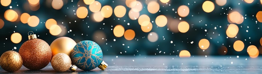 Naklejka premium Festive holiday ornaments on a wooden table with shimmering bokeh lights in the background, creating a warm Christmas atmosphere.