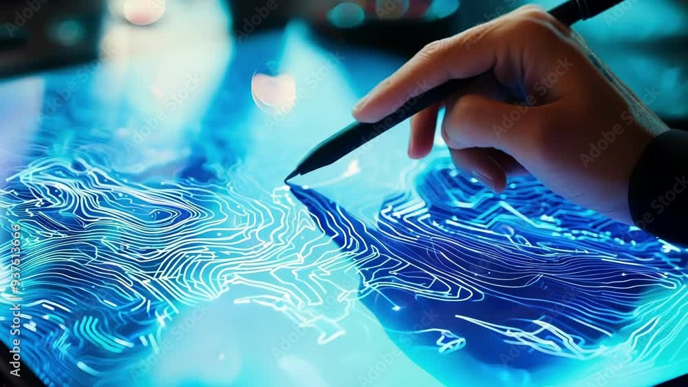 Poster designer is using a digital pen and innovative 3d software to edit an object, highlighting the evolu