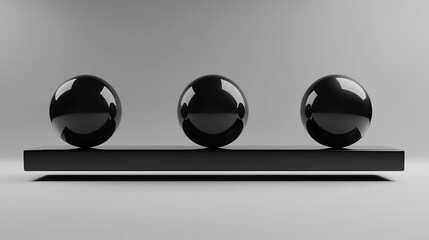 Three Glossy Black Spheres Resting on a Black Shelf
