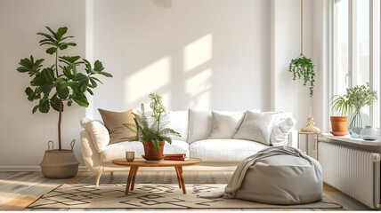 A contemporary living room showcasing a balanced blend of modern and natural elements. The wooden armchairs, sofa and potted plants