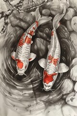 Dance Four vibrant koi fish, with their scales shimmering in the light, dance gracefully in a vibrant red water, creating a captivating and serene scene.