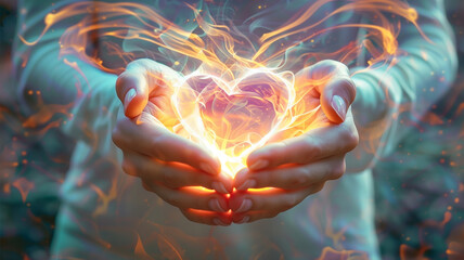 A mesmerizing visualization of the heart chakra, depicted as a radiant heart held within open palms.