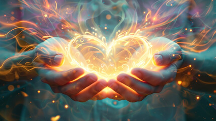 A mesmerizing visualization of the heart chakra, depicted as a radiant heart held within open palms.