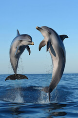 Two dolphins jumping out of the water together © EdvvinStudios