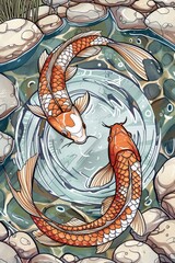 Dance Four vibrant koi fish, with their scales shimmering in the light, dance gracefully in a vibrant red water, creating a captivating and serene scene.