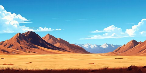 Naklejka premium Brown desert landscape with mountains under blue sky, To convey a sense of vastness and aridness in a visually appealing way, suitable for travel