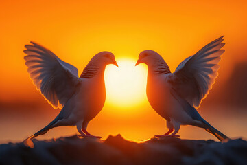 Obraz premium Two doves spreading wings at golden hour sunset