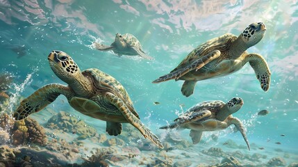 Obraz premium Sea Turtles Swimming in the Ocean