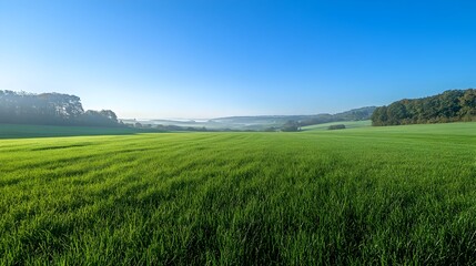 Fototapeta premium Expansive green countryside landscape with clear blue sky on a sunny morning