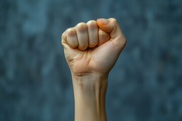 A raised fist holding a pen, isolated on a pastel gray background, symbolizing the power of words and freedom of expression,