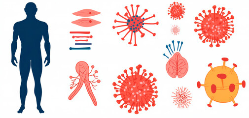Human Body and Virus Cells Illustration - Medical and Scientific Visual Representation of Human Anatomy and Pathogens