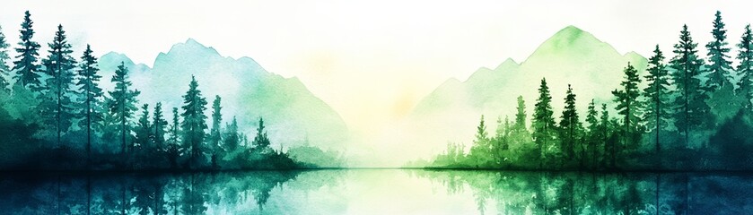 Fototapeta premium Serene watercolor landscape featuring mountains and trees reflected on a calm lake, evoking peace and tranquility in nature.