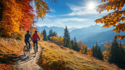 Obraz premium A couple cycling together on a scenic mountain trail, surrounded by vibrant autumn foliage and a clear blue sky 