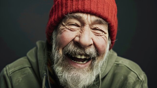 This delightful elder, sporting a short white beard and a vibrant red beanie, radiates warmth and joy as he smiles broadly, creating a heartwarming atmosphere - Powered by Adobe