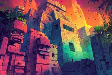 Ancient Stone Structure with Carved Faces Against a Vibrant Sunset Sky