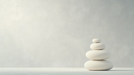 Stacked white stones create a peaceful and balanced composition against a soft background, ideal for relaxation and wellness themes.